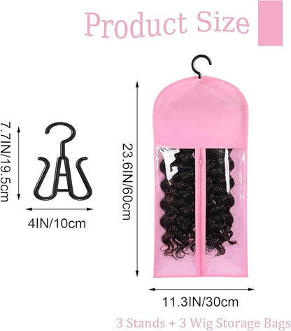 3PCS wig Hanger Hair Extension Holder Wig Storage for Multiple Wigs Bags Storage with Hanger Wig Holder Dust-proof Hair Extension Storage with Hook hair extensions, wigs & accessories (Pink)