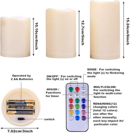 Enido Flameless Candles, Color Changing LED Candles(D: 3" x H: 4" 5" 6") Battery Operated Candles Plastic Pack of 9 Flameless Pillar Candles