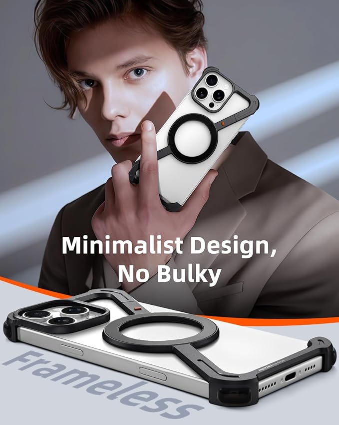 OATSBASF Minimalist Phone Case Compatible with iPhone 16 Pro 6.3", [Compatible with Magsafe] Aluminum Metal Frameless Design Bumper Z Case, Protective Shock Grade Shell, Black