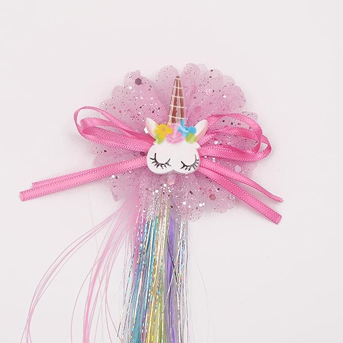 6 Set Rainbow Colored Straight Hair Clips with Unicorn Accessories - Thick Wig Bangs and Ponytail Extensions for Girls