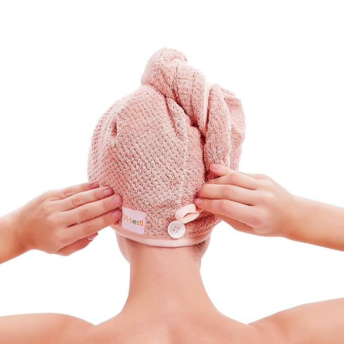 2 Pack Microfiber Hair Towel Wrap,Hair Drying Towel with Button, Towel Turban,Head Towel to Dry Hair Quickly (Pink&Beige)