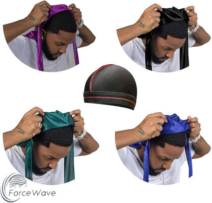 4PCS Silky Durags for Men Women 360 Waves with 1 Wave Cap, Silky Satin Durag Extra Long Tails