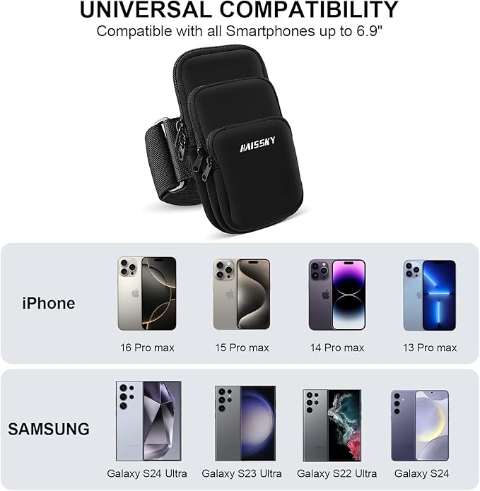 3 Pockets Running Phone Armband Holder for iPhone 16 15 14 Pro Max 13 Plus 12 11 XS XR X 8 7 Galaxy S23 Pouch Key Card Bag, Water Resistant Cell Phone Sport Arm Bands for Exercise Walking Workout Gym