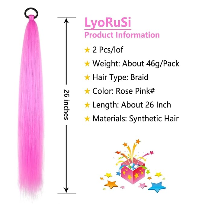 2 Pack Pink Braid Ponytail Extension with Elastic Tie Straight Sleek Wrap Around Braid Ponytail 26 Inch (Rose Pink#)