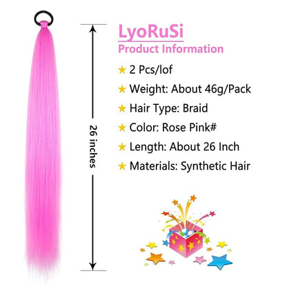 2 Pack Pink Braid Ponytail Extension with Elastic Tie Straight Sleek Wrap Around Braid Ponytail 26 Inch (Rose Pink#)