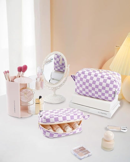 Narwey Small Checkered Makeup Bag for Purse Travel Makeup Pouch Mini Cosmetic Bag Zipper Pouch for Women (Purple Checkerboard, Small)