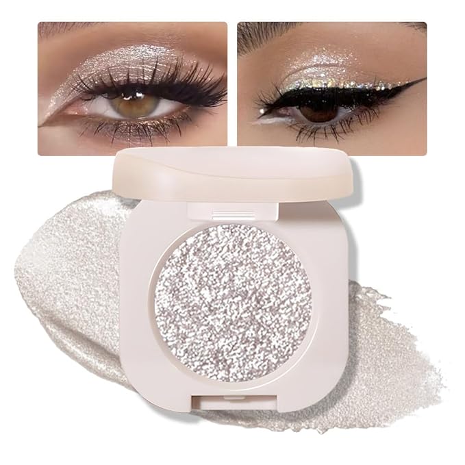 Monochrome Glittler Shimmer Eyeshadow Palette,Silver Gray White Shimmer Powder Eyeshadow,24 Hour Waterproof Blendable Pressed Glitter Single Eye Shadow Apply Makeup Easily, Vegan