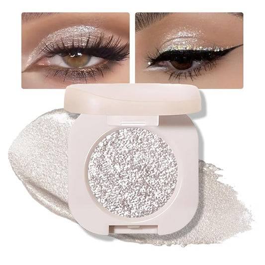 Monochrome Glittler Shimmer Eyeshadow Palette,Silver Gray White Shimmer Powder Eyeshadow,24 Hour Waterproof Blendable Pressed Glitter Single Eye Shadow Apply Makeup Easily, Vegan