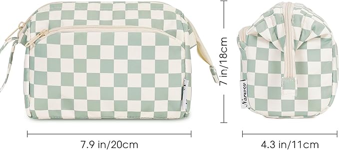 Narwey Checkered Makeup Bag Women Wide-open Make up Bag Travel Cosmetic Bag Organizer Toiletry Bag for Cosmetics Toiletries Accessories (Mint Green Checkerboard)