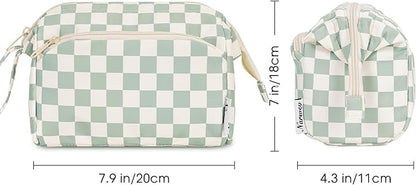 Narwey Checkered Makeup Bag Women Wide-open Make up Bag Travel Cosmetic Bag Organizer Toiletry Bag for Cosmetics Toiletries Accessories (Mint Green Checkerboard)