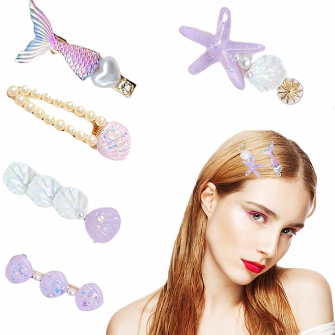 5 Pcs Starfish Seashell Hair Clips Mermaid Costume Pearl Beach Ocean Hair Accessories Women and Girls （Purple）