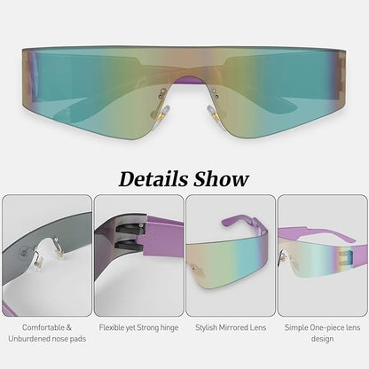 Futuristic Wrap Around Fashion Sunglasses Y2K Silver Trendy Rimless Glasses Cyberpunk Eyewear Women Men Rave Party