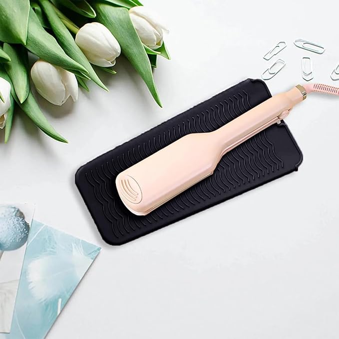 Heat Resistant Silicone Mat with Hanging Hole, Straightener Heat Resistant Travel Mat & Pouch for Curling Iron, Flat Iron and Other Hot Hair Styling Tools, 11 x 5 in, Black