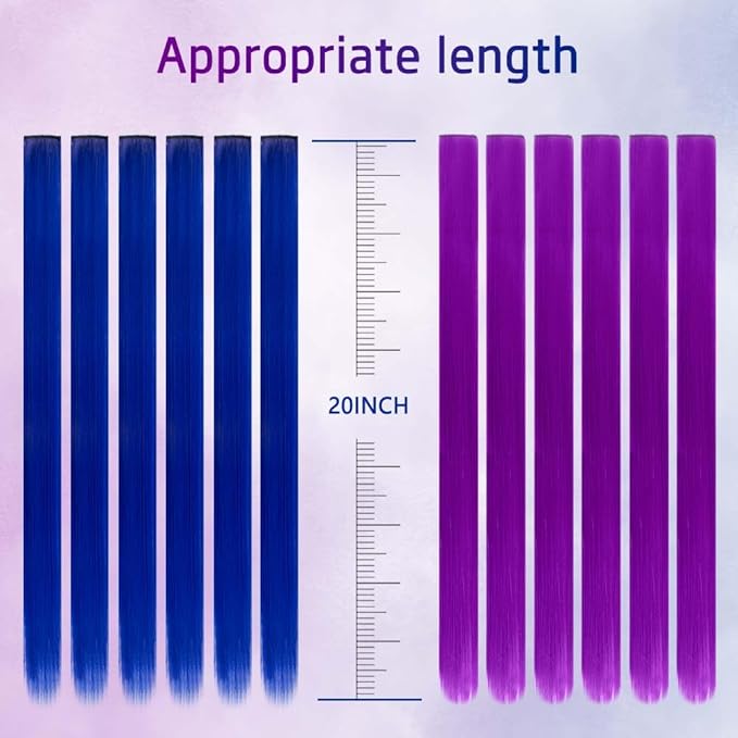20 Inch Colored Hair Extensions Party Highlights Straight Colorful Clip In Hair Extensions Synthetic Rainbow Hairpieces for Girls Kids Gift(12Pcs, Blue-Purple)