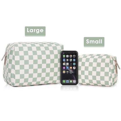Narwey Checkered Makeup Bag Travel Cosmetic Bag Organizer Toiletry Bag Make Up Bags with Compartments for Women Girls (Large, Mint Green Checkerboard)