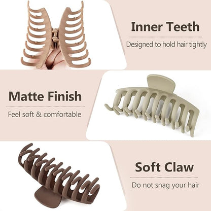 TOCESS Hair Claw Clips for Women – Large Clips for Thin Thick Hair Big Neutral Claw for Curly Hair Matte Nonslip Strong Hold 4.33 Inch Jumbo Claws Jaw Set (8 Pcs)
