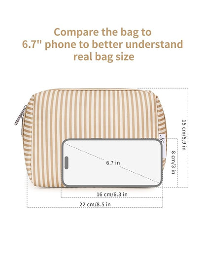 Narwey Striped Makeup Bag Travel Cosmetic Bag Organizer Toiletry Bag Make Up Bags with Compartments for Women Girls (Large,Brown Stripe)