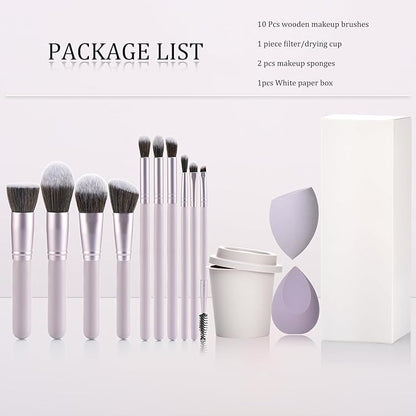Purple 10Pcs Makeup Brushes, Wooden Makeup Brush set And Sponges And Water Filter Cup，Soft Make up Brush For Women/Girls, For Powder Foundation Eye Shadow Concealer, Etc., (Purple 13Pcs)
