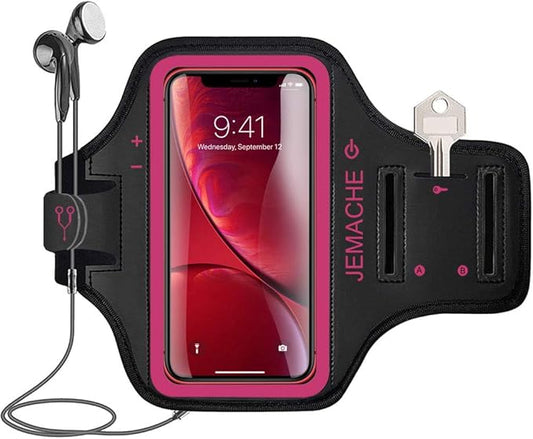iPhone 16 15 14 Armband, JEMACHE Water Resistant Gym Running Workouts Arm Band for iPhone 16e 16 15 14 13 12 11 Pro with Key Holder (Rose)