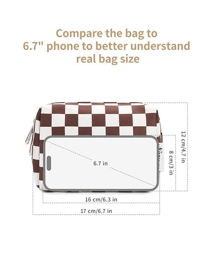 Narwey Small Checkered Makeup Bag for Purse Mini Cosmetic Bag Travel Makeup Pouch Zipper Pouch Cute Make up Bags with Compartments for Women Girls (Dark Checkerboard, Small)
