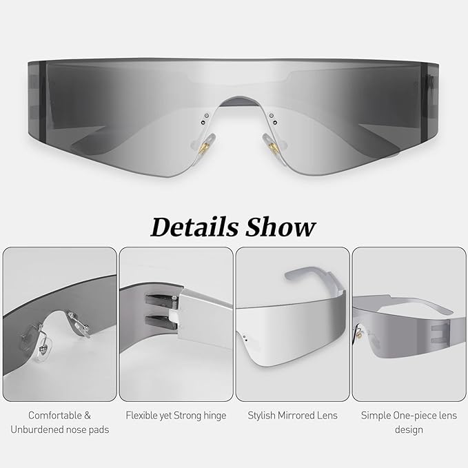 Futuristic Wrap Around Fashion Sunglasses Y2K Silver Trendy Rimless Glasses Cyberpunk Eyewear Women Men Rave Party