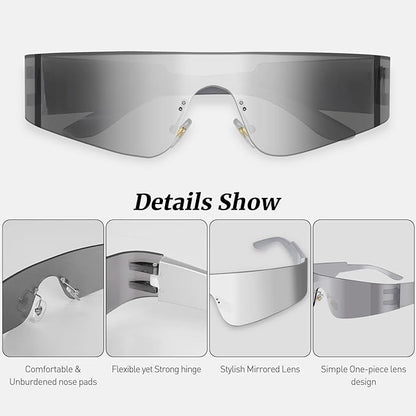 Futuristic Wrap Around Fashion Sunglasses Y2K Silver Trendy Rimless Glasses Cyberpunk Eyewear Women Men Rave Party