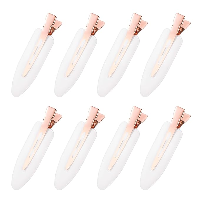D 8 Pcs Hair Clips - No Bend No Crease Hair Clips - Flat Makeup Clip for Women and Girls - Creaseless Hair Clip for Hairstyling Bangs Salon Rose Gold Handle - white