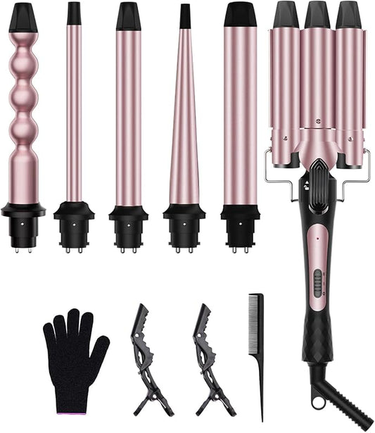 6 in 1 Curling Iron, Curling Wand Set with 3 Barrel Curling Iron and 5 Interchangeable Ceramic Curling Wand (0.35"-1.25”), Instant Heat Up 2 Temp Wand Curler, Include Heat Protective Glove & 2 Clips