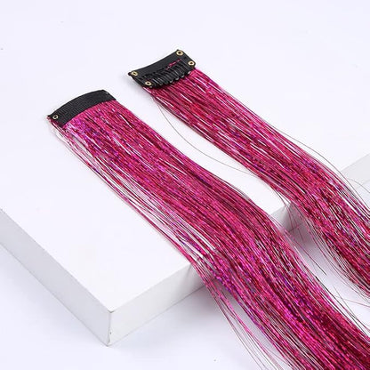 12PCS Tinsel Hair Extensions Glitter Hair Extension Clip in Gold Sparkling Fairy Hair Tinsel Kit Shiny Highlights Colorful Heat Resistant Hair Accessories for Girls New Year Party(Rose Pink)
