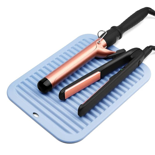 Large Silicone Heat Resistant Mat, Hair Tool Organizer, Hair Straightener and All Hair Styling Salon Tools, Flat Iron Holder, Travel Hot Tools Curling Iron Pad, with Hook Loop Strips (Blue)