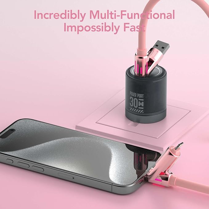 4-in-1 Universal Multi USB Charging Cable – 240W Max Fast Charger Cord with Multiple Connectors for iPhone 16/15/14/13, iPad, Samsung, MacBook, Tablets & More (Pink, 6.6Ft)