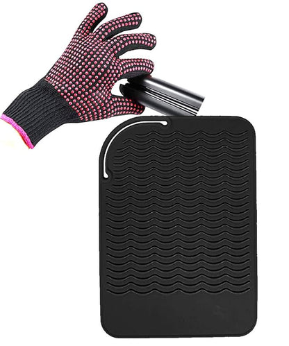 Heat Resistant Silicone Glove and Mat Set for Curling Iron, Hair Straightener, Flat Irons - 9" x 6.5" Food Grade Silicone Mat, Black