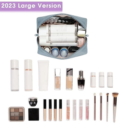 Narwey Cute Makeup Bag Travel Cosmetic Bag Organizer Toiletry Bag Make Up Bags with Compartments for Women Girls (Large, Greyish Blue)