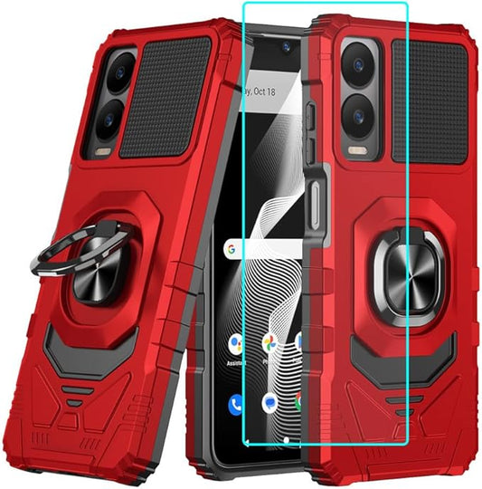 for Cricket Icon 6 / ATT Verge Case with 1 Pack Screen Protector,Dual Layer Hybrid Heavy Duty Defender Protection,Sleek Rugged Reinforced Cushion Corner Kickstand Shockproof Bumper Cover Red