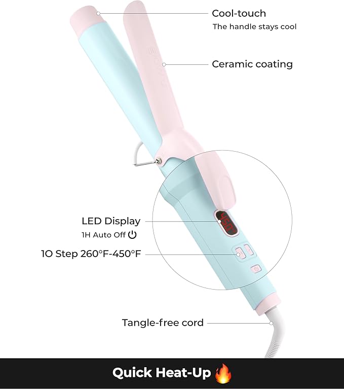 1 1/2 inch Extra Long Curling Iron - 10 Temperature Modes Fast and Easy Styling - 7.3" Ceramic Barrel Hair Wand for All Hair Types Blowout, Beach Waves, Bouncy Curls - Cotton Candy