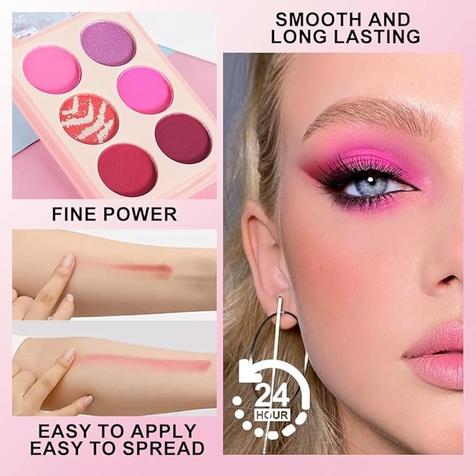 Six Colors Glitter Matte Eyeshadow Palette,Pink Purple Orange RosePink Dark Red Shimmer Sparkly Eyeshadow Palette Makeup,Prom Eyeshadows Long-Lasting Waterproof Red Pink Women Girls Eye Shadow 01