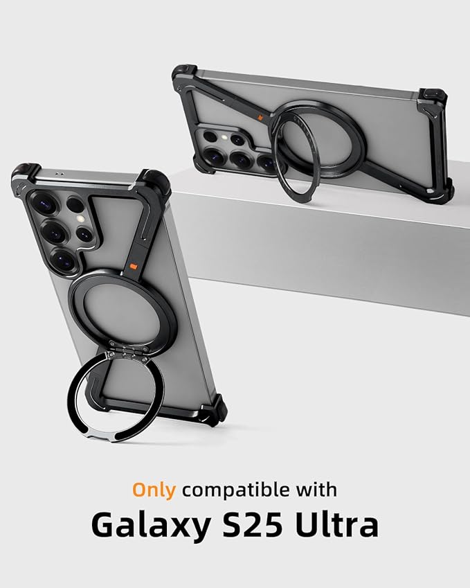 OATSBASF Minimalist Phone Case Compatible with Samsung Galaxy S25 Ultra, 360° Rotation Kickstand Aluminum Metal Frameless Design Bumper Case, Protective Shock Grade Shell, Black