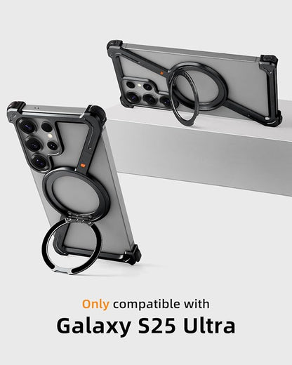 OATSBASF Minimalist Phone Case Compatible with Samsung Galaxy S25 Ultra, 360° Rotation Kickstand Aluminum Metal Frameless Design Bumper Case, Protective Shock Grade Shell, Black