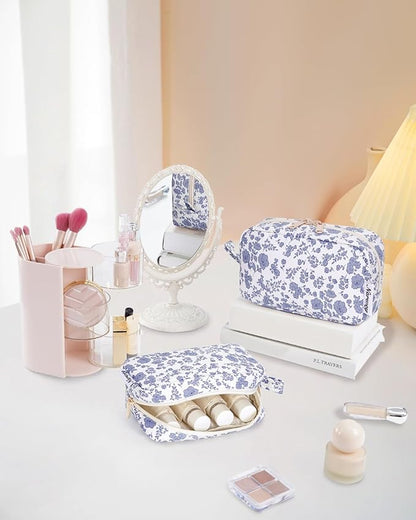 Narwey Small Makeup Bag for Purse Travel Makeup Pouch Mini Cosmetic Bag Zipper Pouch for Women (Little Grayish Blue Flower, Small)