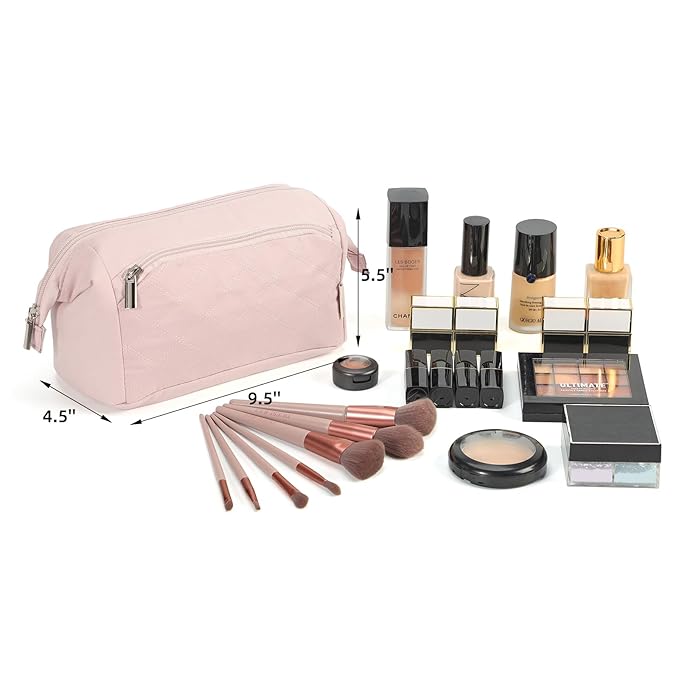NISHEL Travel Makeup Bag for Women with Front Pockets, Large Wide-open Case, Portable Organizer To Hold Travel-Size Accessory Bottles, Cosmetics, Brushes, Skincare Products, Pink
