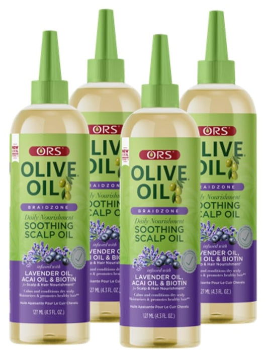 ORS Olive Oil Braidzone Soothing Scalp Oil with Lavender, Acai & Biotin for Nourishment 4.3 oz (Pack of 4)