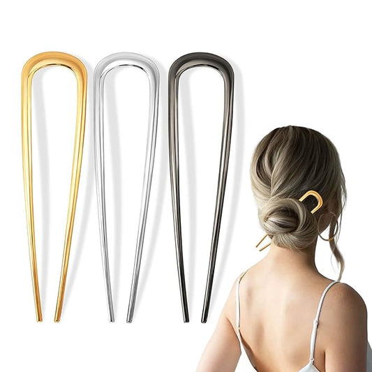 3 Pcs French Hair Pin for Women, 5.5 Inch Metal U-Shaped Hair Clip for Thick Hair, Hair Pins Suitable for Different Hairstyles (Black, Gold, Silver)