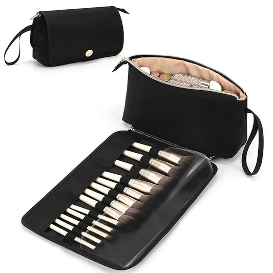 OCHEAL Makeup Brush Holder and Makeup Bag 2 in 1,Makeup Pouch with Brush Organizer,Travel Makeup Brushes Bag Cosmetic Bags for Women Portable Roll-up Makeup Case -Black