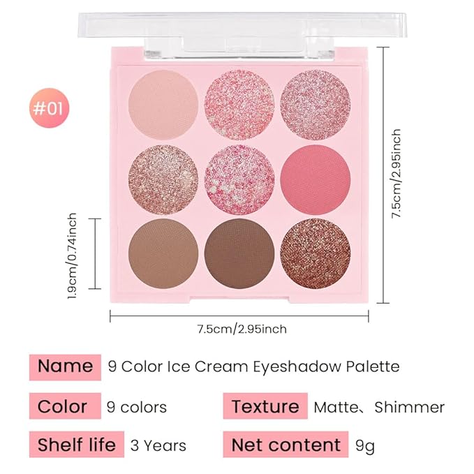 AMY'S DIARY Pink Shimmer Eye Shadow Makeup Palette 9 Colors, Highly Pigmented Matte Glitter Shimmer Pearl Waterproof Party Sparkling Eyeshadow Palette (01#)