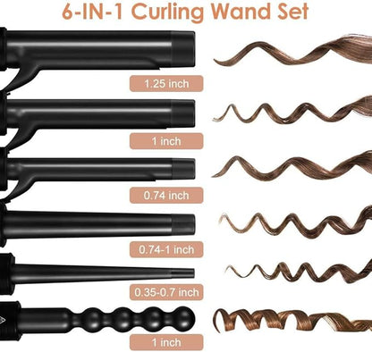 6-in-1 Curling Iron, Professional Instant Heat Up Hair Curling Wand Set with 6 Interchangeable Ceramic Barrels (0.35'' to 1.25'') and 2 Temperature Adjustments, Heat Protective Glove & 2 Clips
