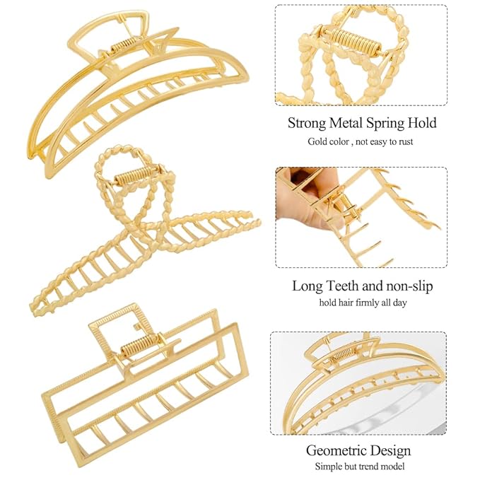 3 Pack Large Metal Gold Hair Claws for Women, Moon Cross Square Geometric Jaw Clips Barrettes for Thick Thin Hair, No Slip Claw Clip Clamp Grips Hair Accessories Hair Styling Gifts