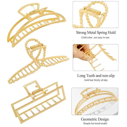 3 Pack Large Metal Gold Hair Claws for Women, Moon Cross Square Geometric Jaw Clips Barrettes for Thick Thin Hair, No Slip Claw Clip Clamp Grips Hair Accessories Hair Styling Gifts