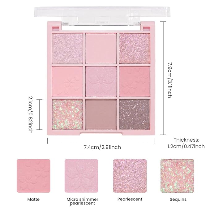9 Colors Eye Shadow Palette Makeup,Light Pink Purple Matte Glitter Shimmer Nude Powder Eyeshadow,Waterproof Blendable Highly Pigmented Neutral Eyeshadow Long-lasting Naturing-Looking