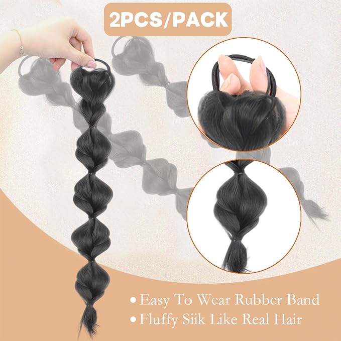 2 Pcs Bubble Ponytail Wig Synthetic Braided Hair Extensions with Hair Ties, Wrap Around Pony Tail Hairpieces for Women & Girls (Black)