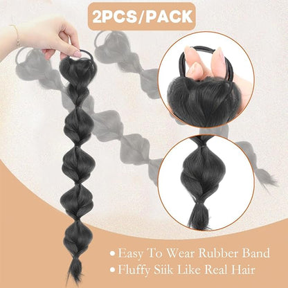 2 Pcs Bubble Ponytail Wig Synthetic Braided Hair Extensions with Hair Ties, Wrap Around Pony Tail Hairpieces for Women & Girls (Black)